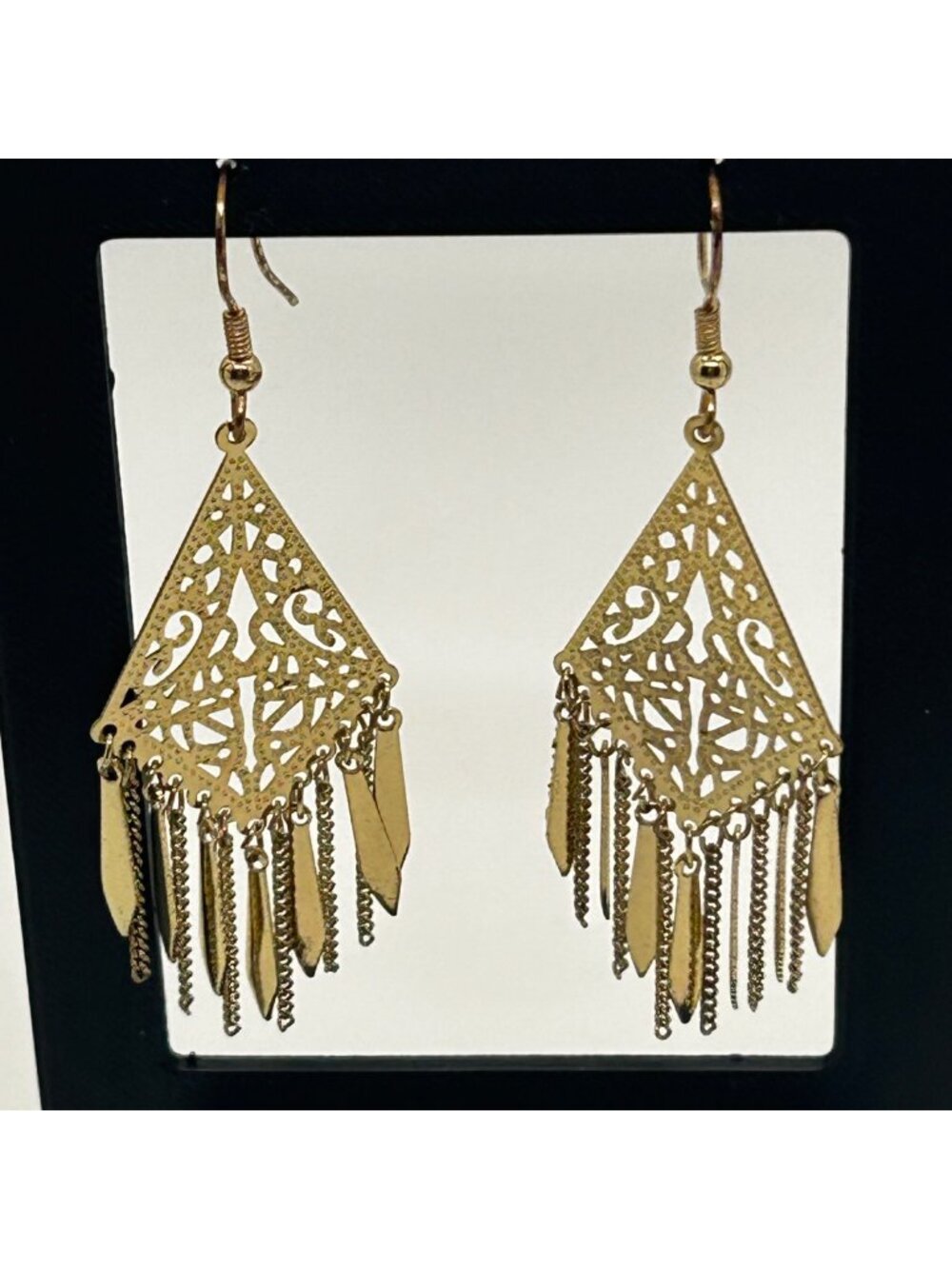Gold Tone Chandelier Earrings Fringe Boho Gypsy Statement Vintage Dangle Drop